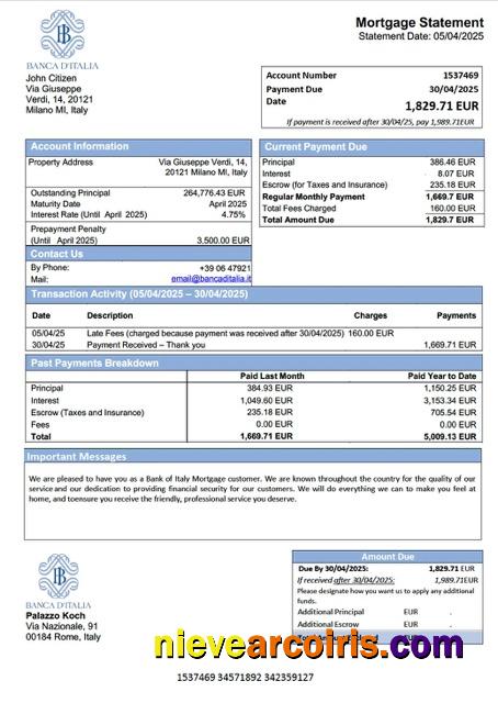 Italy Bank of Italy mortgage statement Word and PDF template